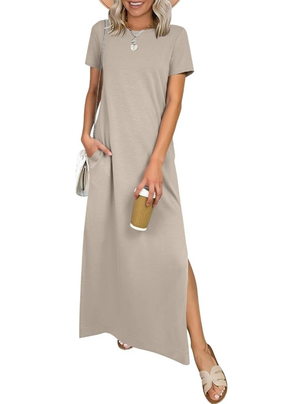 Women's Light Khaki Crewneck Summer Casual Maxi Short Sleeve Split Long Dress